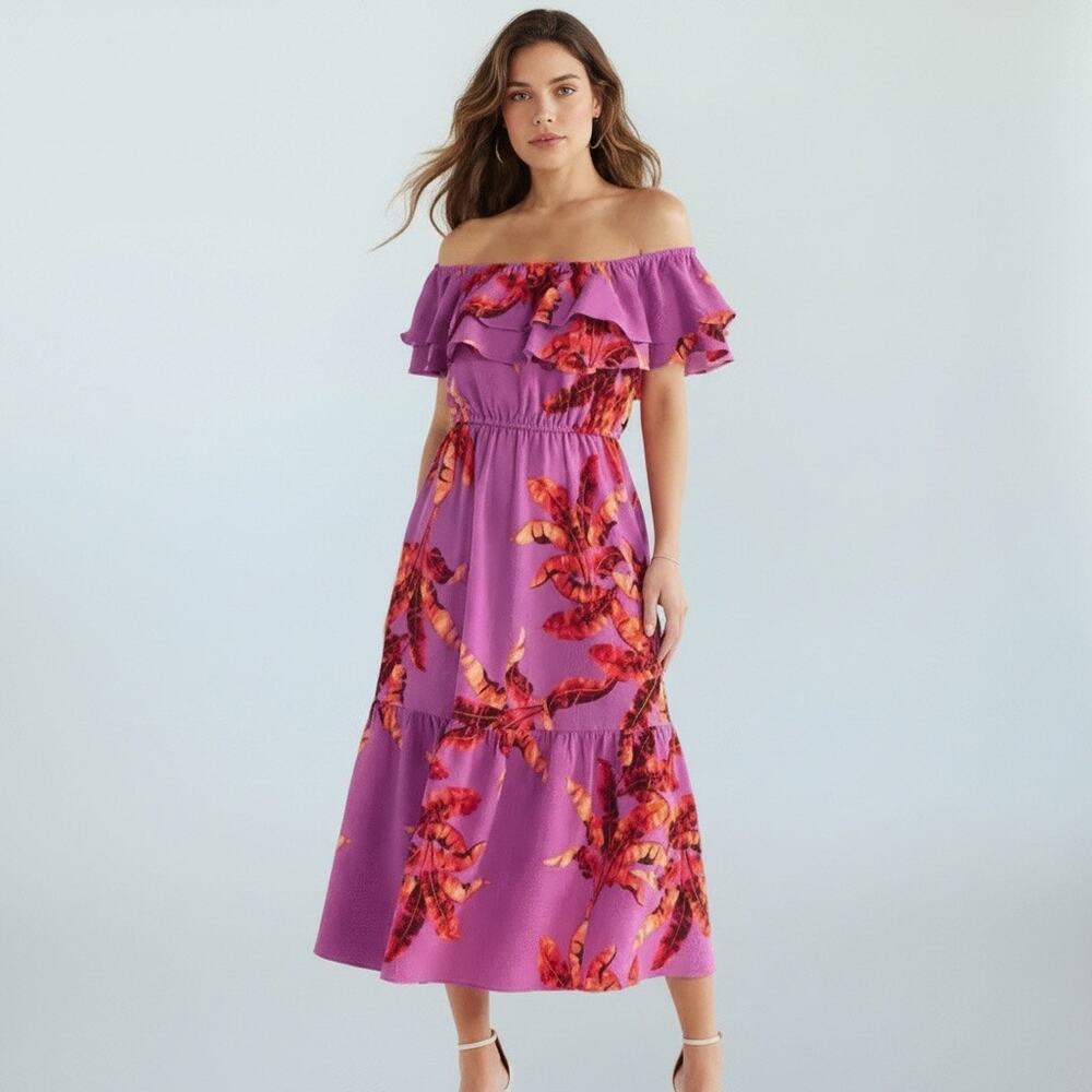 Sofia by Sofia Vergara Floral Ruffle Off Shoulder Tiered Maxi Dress Sz‎ M EUC
